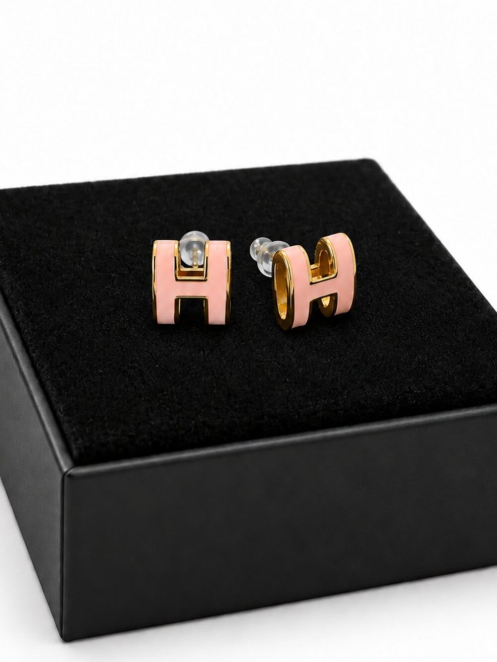 Gold-Tone Pink Enamel H Logo Stud Earrings 0924